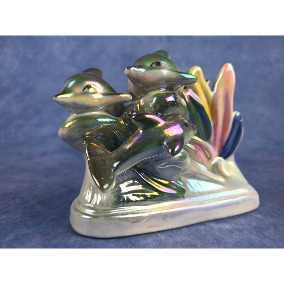 Iridescent Dolphin Family With Rainbow Splashing Waves Ceramic Figurine - Picture 7 of 8